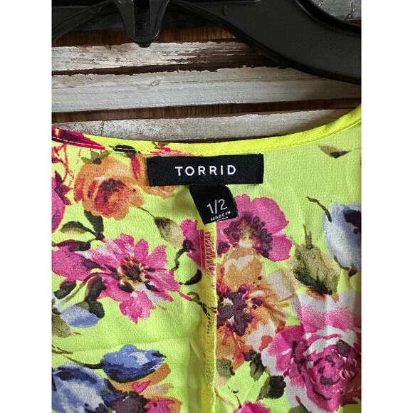 Torrid Neon Floral Yellow Duster Open Kimono Top 1/2 1X 2X Beachy - Picture 4 of 7